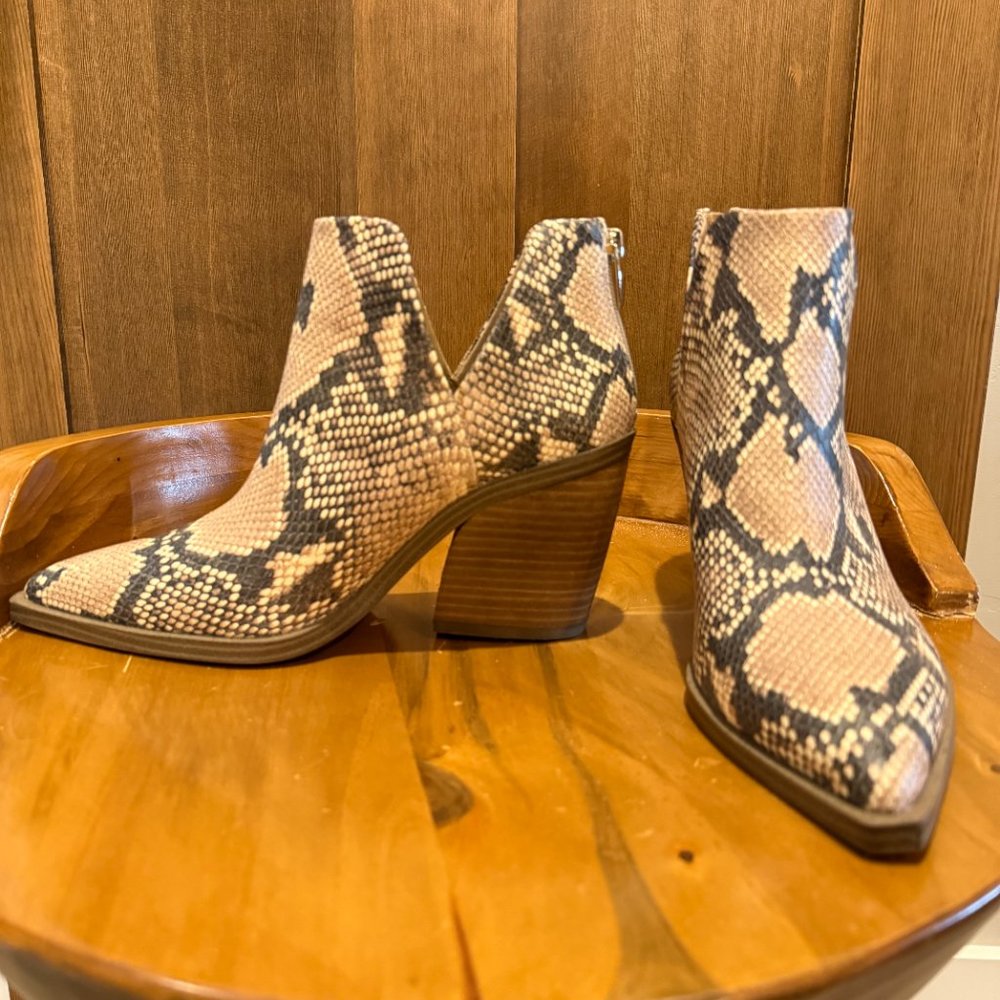 Vince Camuto Snake Print Ankle Booties in Tan and Black